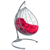 Подвесное кресло M-GROUP капля с ротангом серое, красная подушка